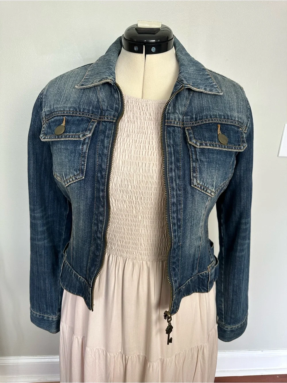 CAbi Reversible Denim Jean Jacket with printed Back Panel